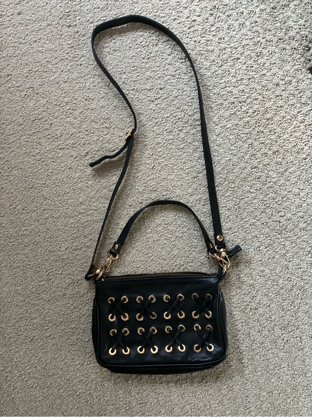 Le Solim- Italian Brand Black Leather Crossbody Bag with Gold Eyelet Detail